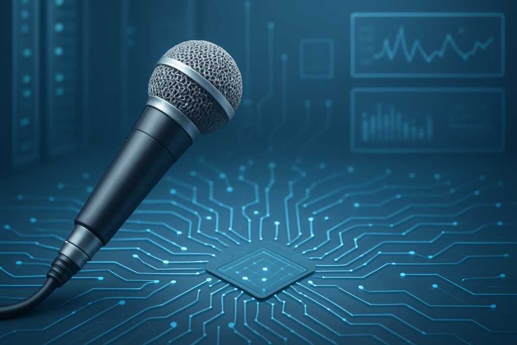 A microphone positioned on a circuit board design, suggesting technology and voice AI applications.