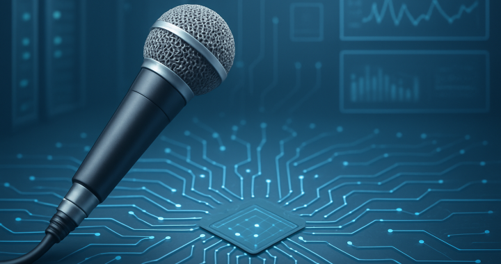 A microphone positioned on a circuit board design, suggesting technology and voice AI applications.