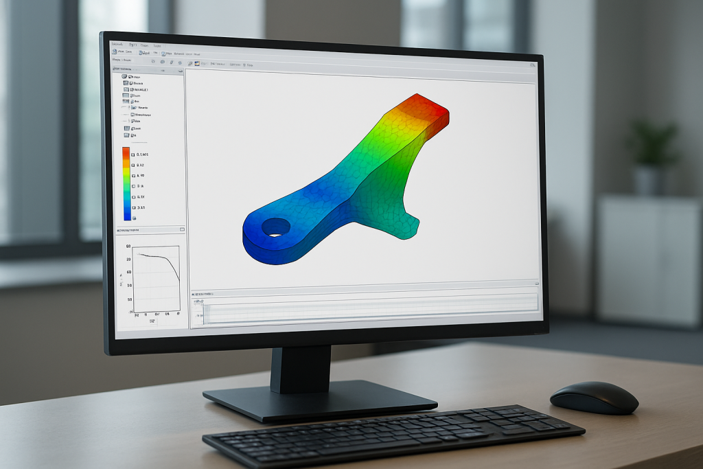 3D model of a mechanical component displayed on a computer screen with color mapping