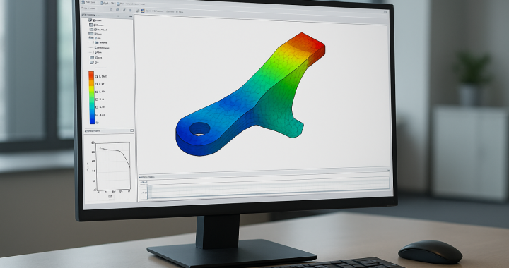 3D model of a mechanical component displayed on a computer screen with color mapping